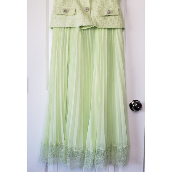 Self Portrait Boucle Chiffon Pleated Midi Dress Womens 6 Lime Tweed Belted NEW - Picture 4 of 16
